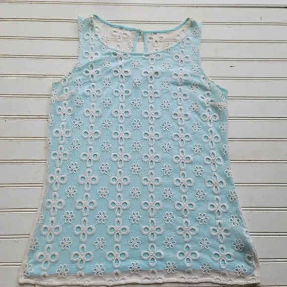 Jennifer Lopez Tank Top White Aqua Blue Back Button Keyhole Eyelet Sleeveless XS - Picture 6 of 12